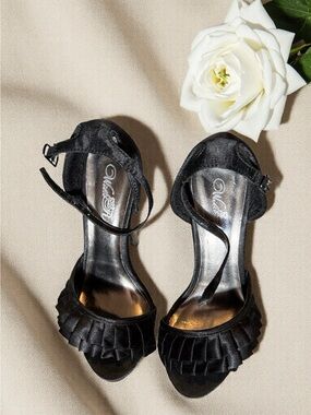 Macy's Black Ruffle Platform Ankle-Strap High Heels with Metallic Accents